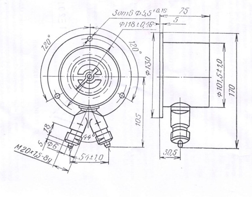 Схема габаритных размеров манометра МДФ1-100