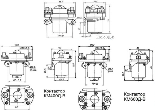 Рис.1. Габаритный чертеж контактора КМ