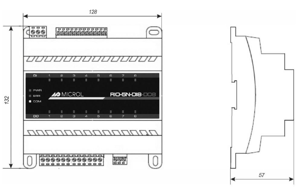 Схема габаритных размеров модуля RIO-5N-DI8-DO8
