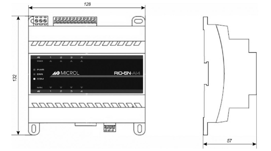 Схема габаритных размеров модуля RIO-5N-AI4