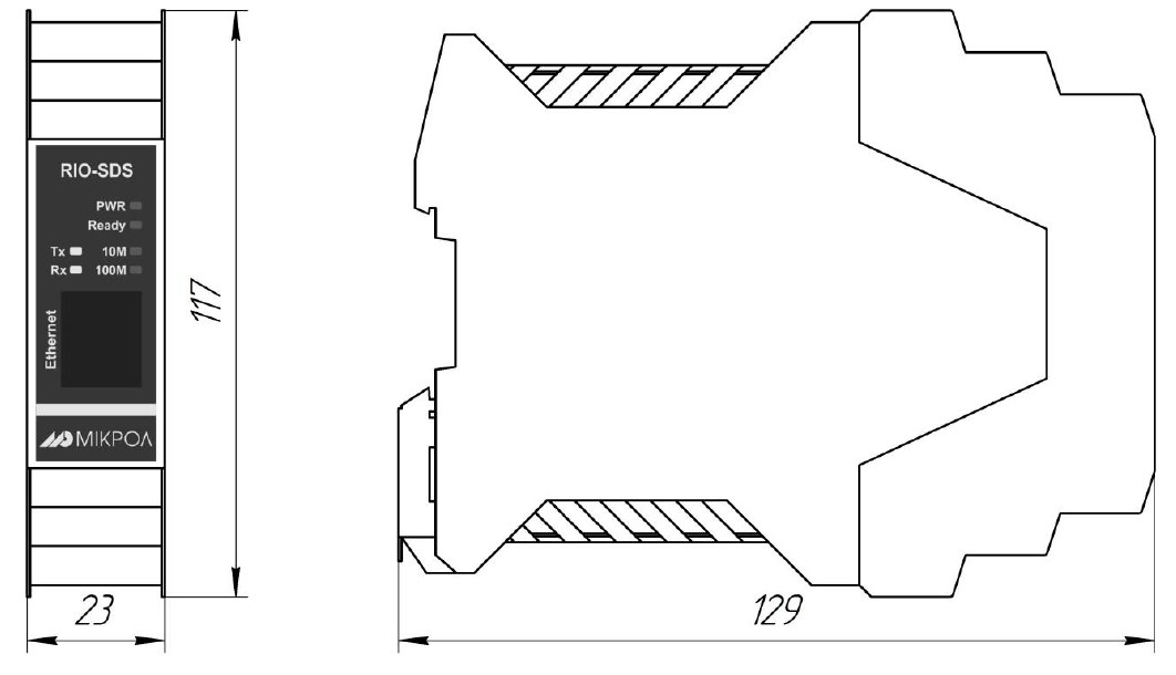 Схема габаритных размеров модуля преобразования RIO-SDS