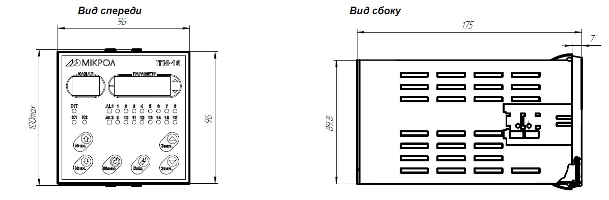 Схема габаритных размеров индикатора ИТМ-16