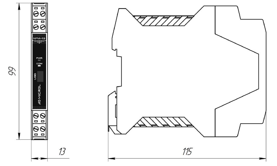 Схема габаритных размеров преобразователя НПМ-13