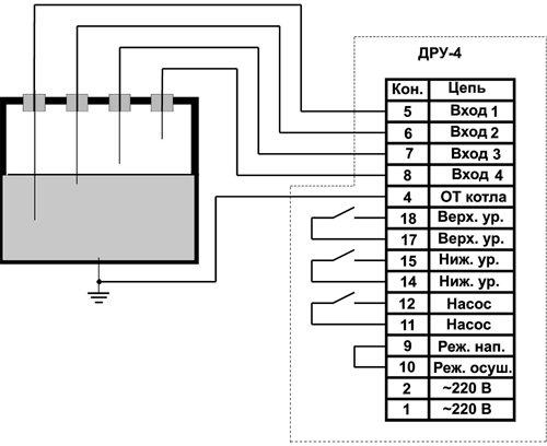 Схема подключения регулятора уровня ДРУ-4