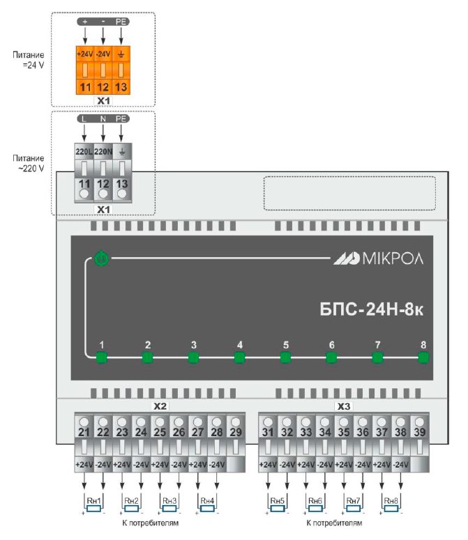 Схема внешних соединений блока БПС-24Н-8к